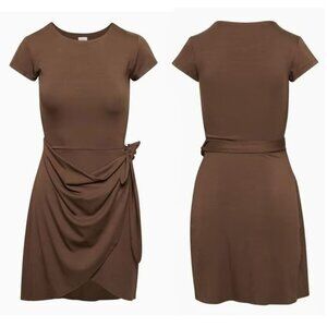 Wilfred Aritzia Lune Mini Wrap Dress XL Brown Drape Jersey Side Tie Short Sleeve